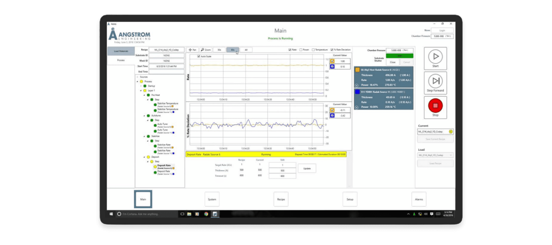 alt = A screenshot of Angstrom Engineering's AERES software on a monitor. The software is showing a detailed dashboard with charts, graphs, and data for monitoring and controlling thin film deposition processes. The layout has side navigation with equipment status icons and a central graph with real-time data. The interface is designed for precise control and analysis in advanced engineering applications for Angstrom Engineering’s systems.